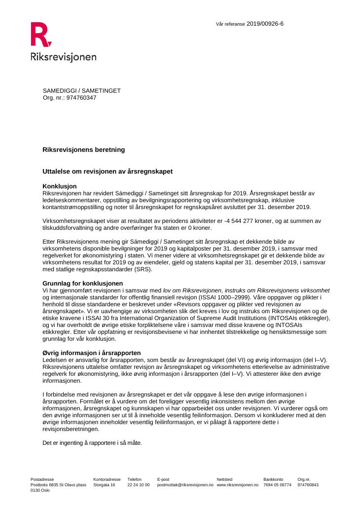 Forsiden av dokumentet Revisjonsberetning Sametinget 2019