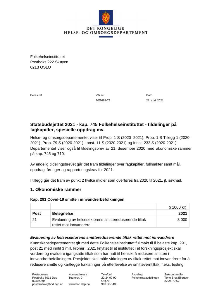 Forsiden av dokumentet Tildelingsbrev Folkehelseinstituttet 2021 - tillegg nr. 1