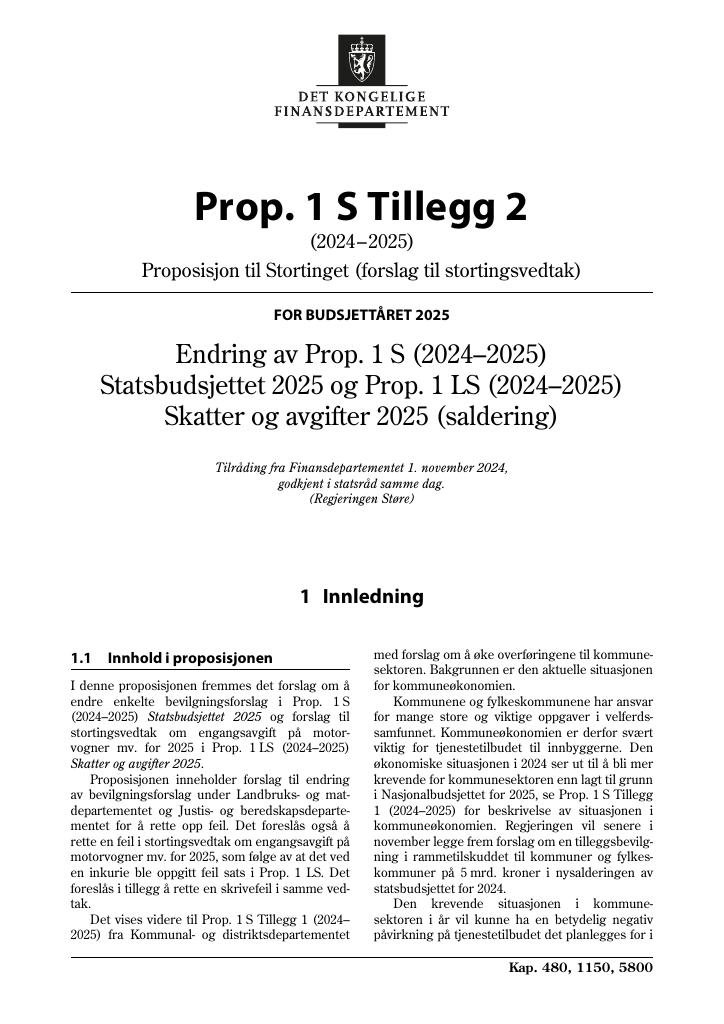 Forsiden av dokumentet Prop. 1 S Tillegg 2 (2024–2025)