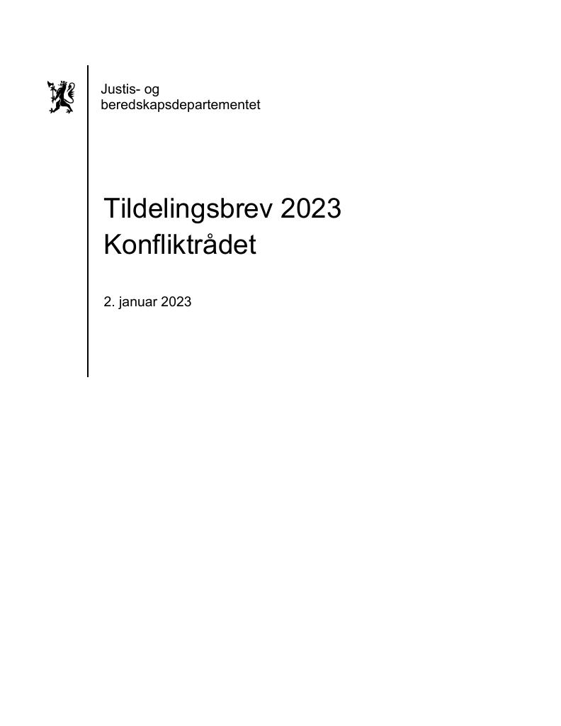 Forsiden av dokumentet Tildelingsbrev Konfliktrådet 2023