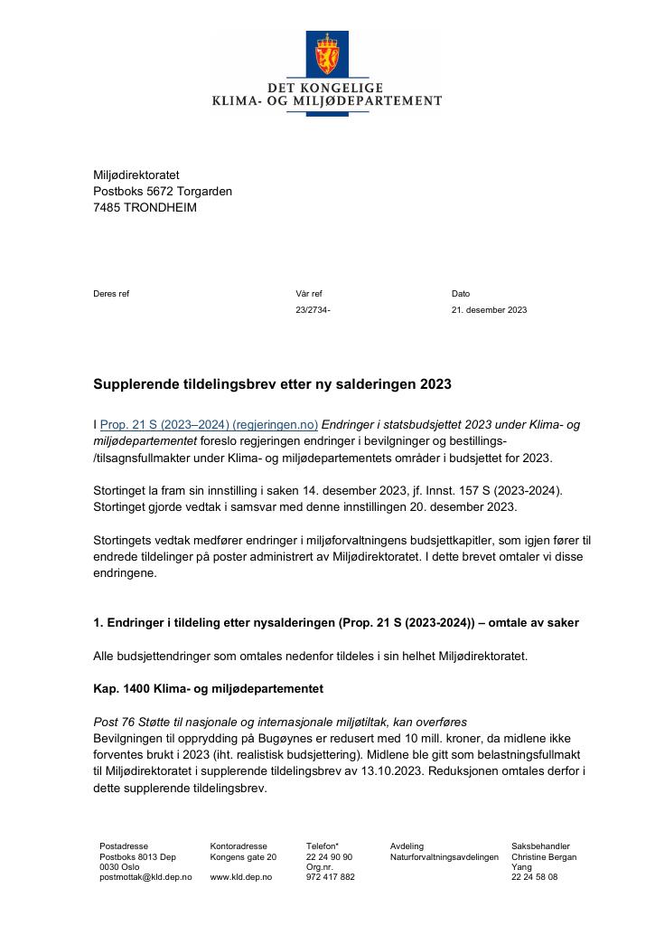 Forsiden av dokumentet Supplerende tildelingsbrev 21.12.2023