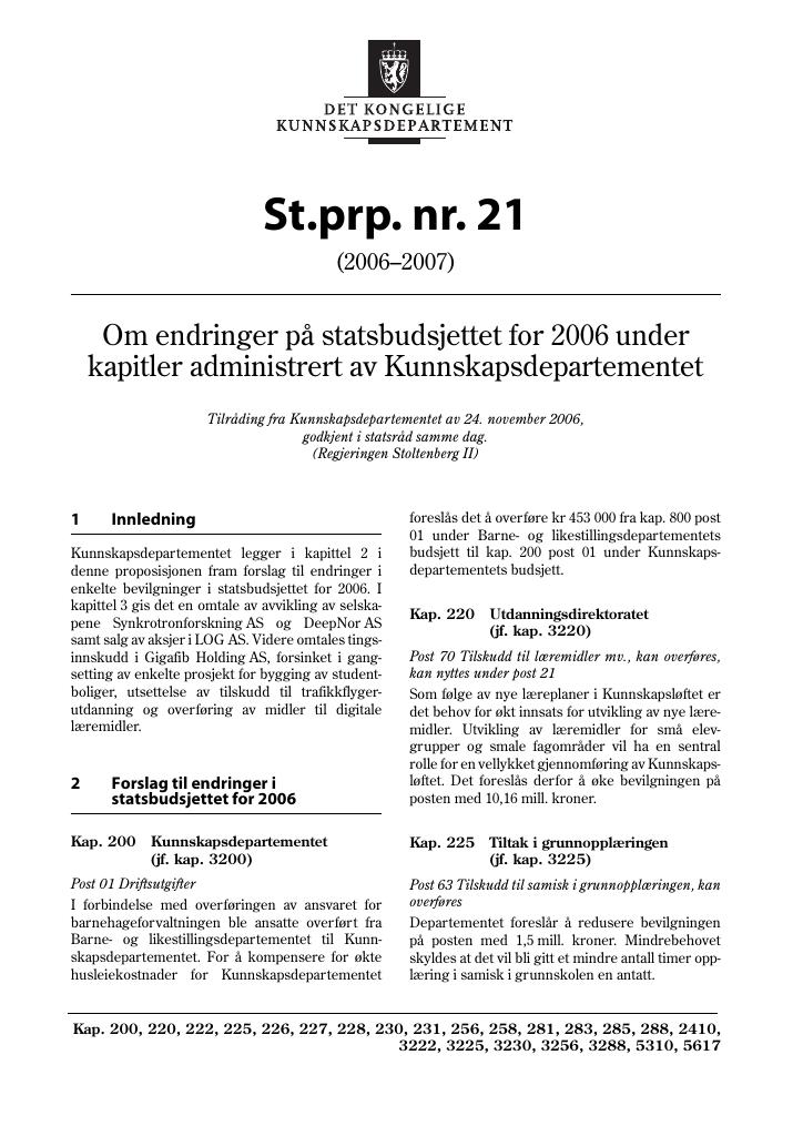 Forsiden av dokumentet St.prp. nr. 21 (2006-2007)