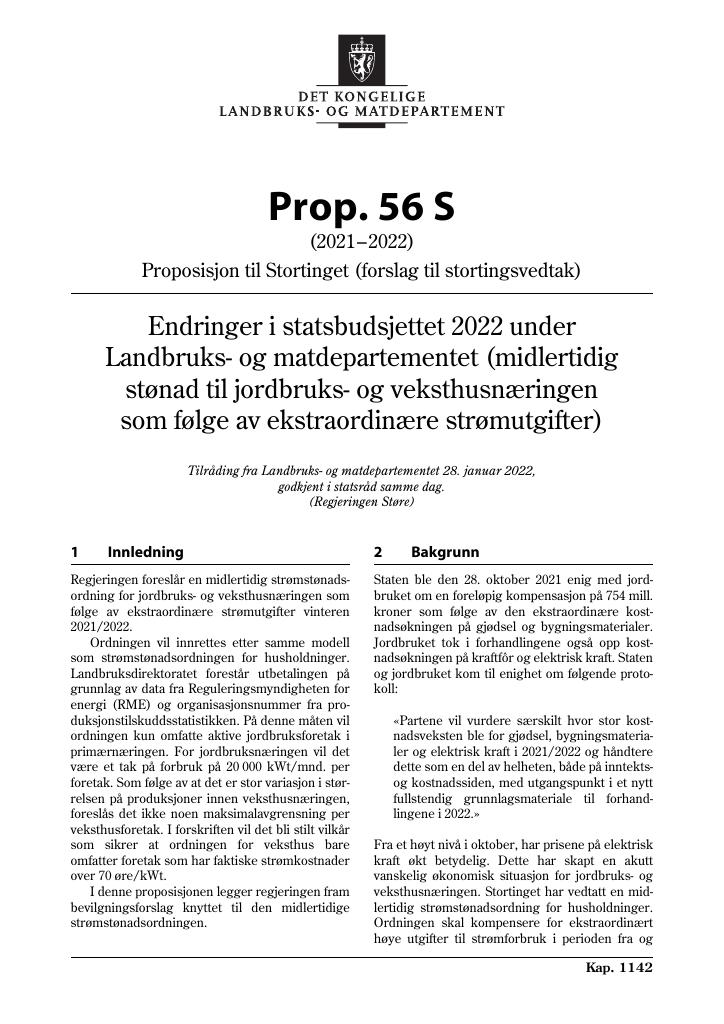 Forsiden av dokumentet Prop. 56 S (2021–2022)