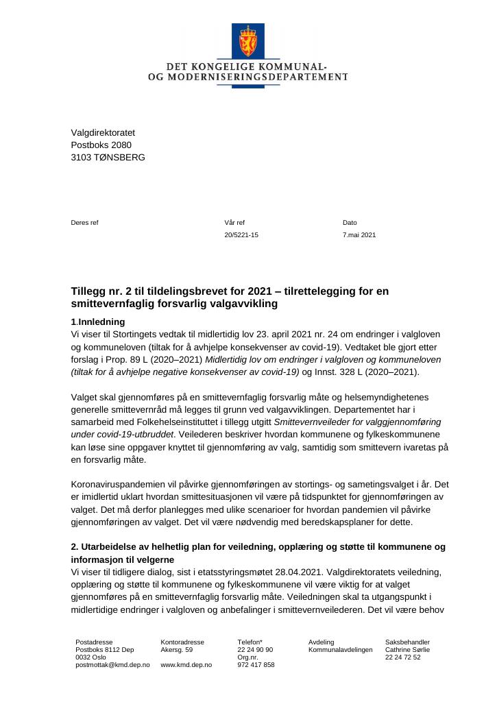 Forsiden av dokumentet Tildelingsbrev Valgdirektoratet 2021 - tillegg nr. 2