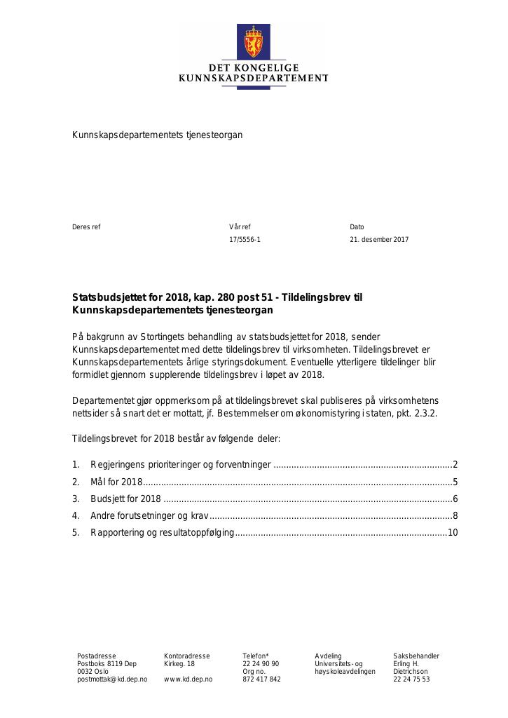 Forsiden av dokumentet Tildelingsbrev 2018 