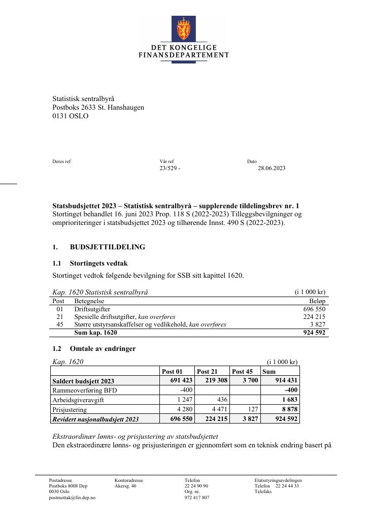 Forsiden av dokumentet Supplerende tildelingsbrev 1 2023