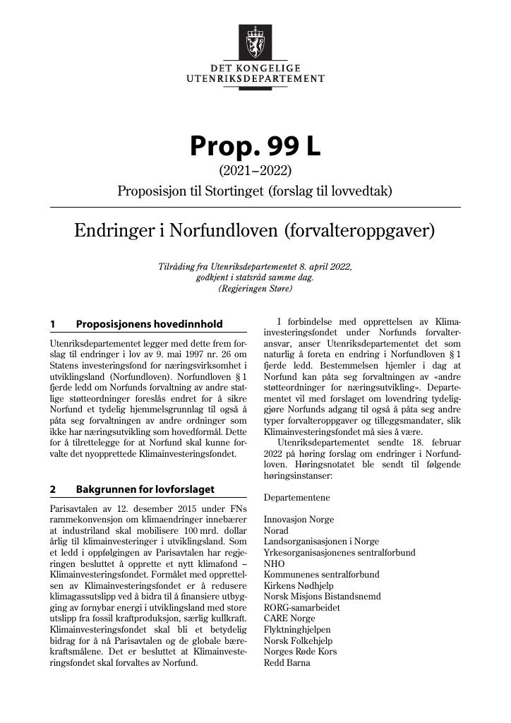 Forsiden av dokumentet Prop. 99 L (2021–2022)