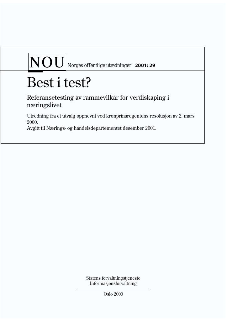Forsiden av dokumentet NOU 2001: 29 - Best i test?