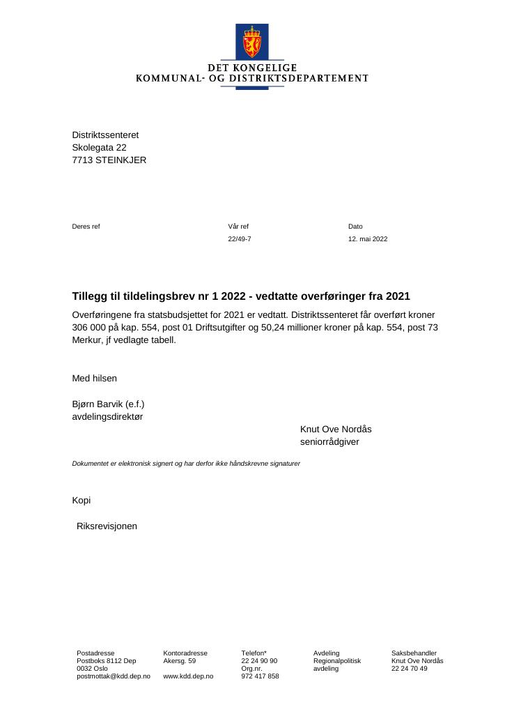 Forsiden av dokumentet Tildelingsbrev Distriktssenteret 2022 - tillegg nr. 1