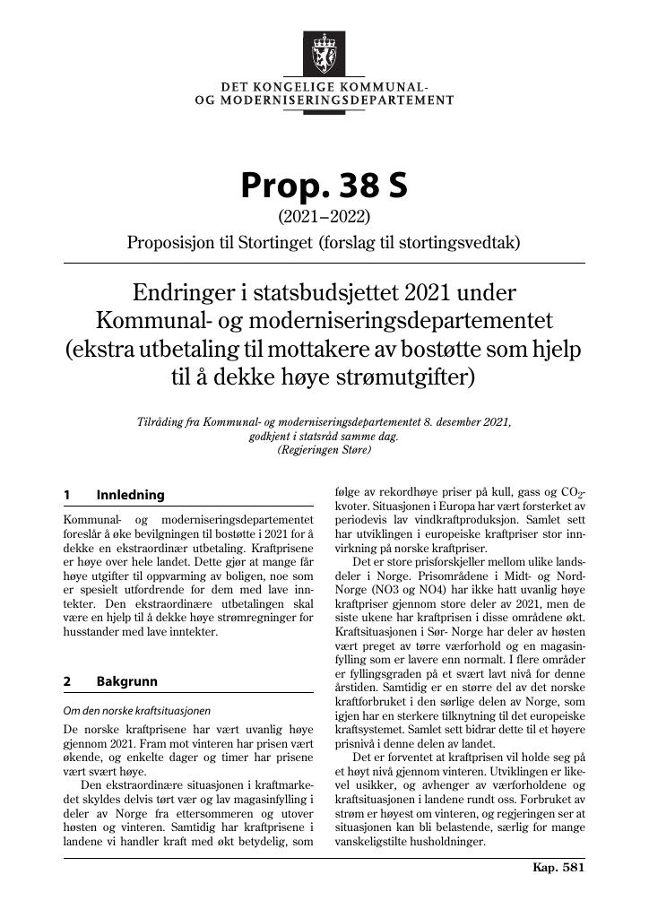 Forsiden av dokumentet Prop. 38 S (2021–2022)