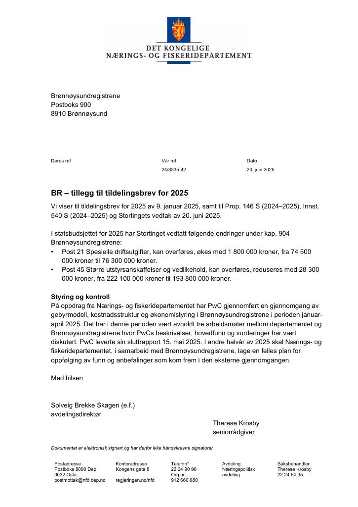 Forsiden av dokumentet Tildelingsbrev Brønnøysundregistrene 2025 - tillegg