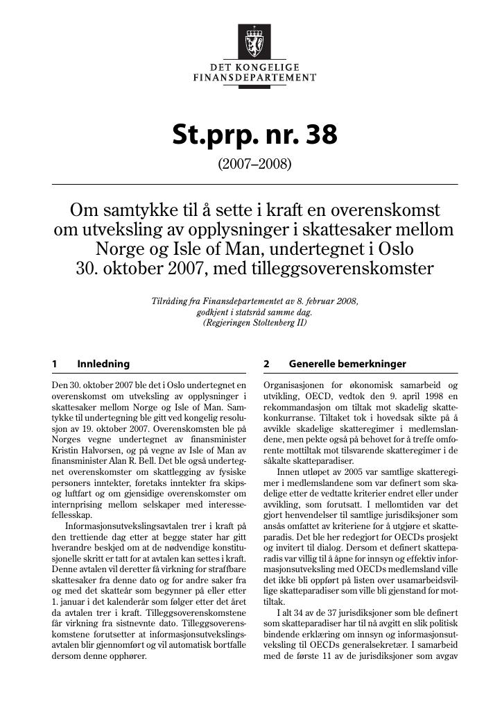 Forsiden av dokumentet St.prp. nr. 38 (2007-2008)