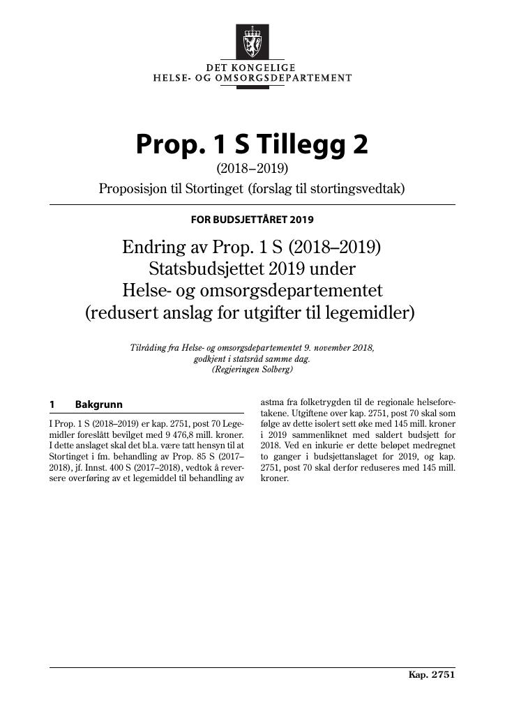 Forsiden av dokumentet Prop. 1 S Tillegg 2 (2018–2019)