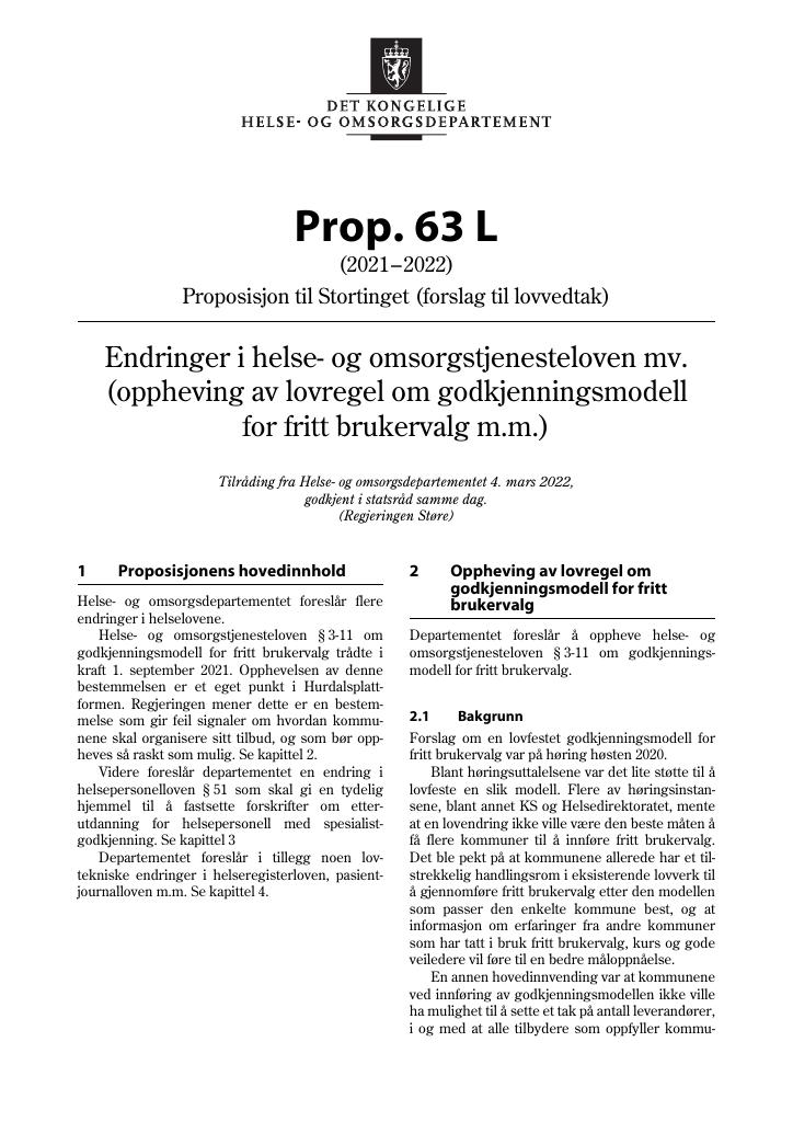 Forsiden av dokumentet Prop. 63 L (2021–2022)