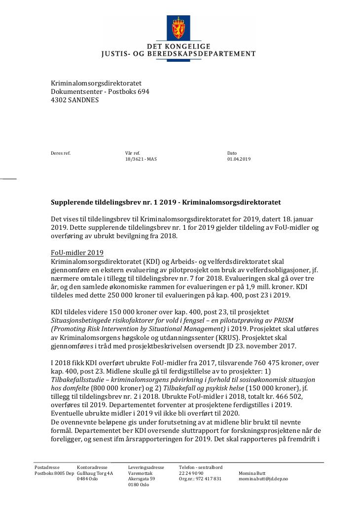 Forsiden av dokumentet Supplerende tildelingsbrev nr. 1 Kriminalomsorgsdirektoratet 2019