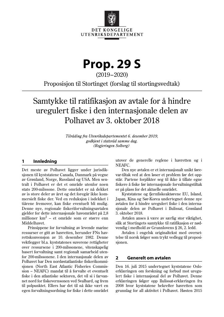 Forsiden av dokumentet Prop. 29 S (2019–2020)