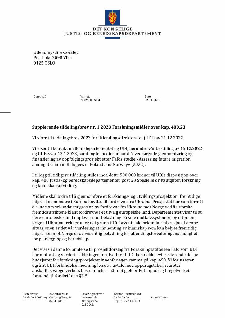 Forsiden av dokumentet Tildelingsbrev Utlendingsdirektoratet 2023 - tillegg nr. 1