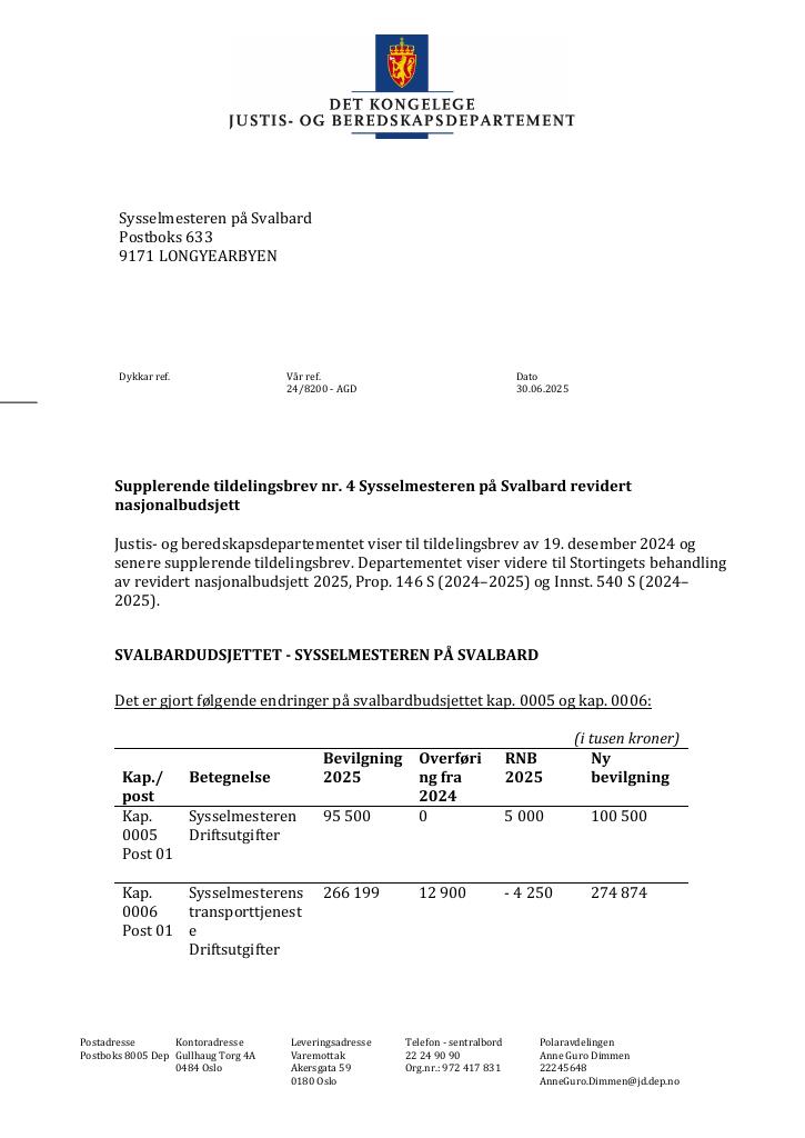 Forsiden av dokumentet Tildelingsbrev Sysselmesteren på Svalbard 2024 - tillegg nr. 4