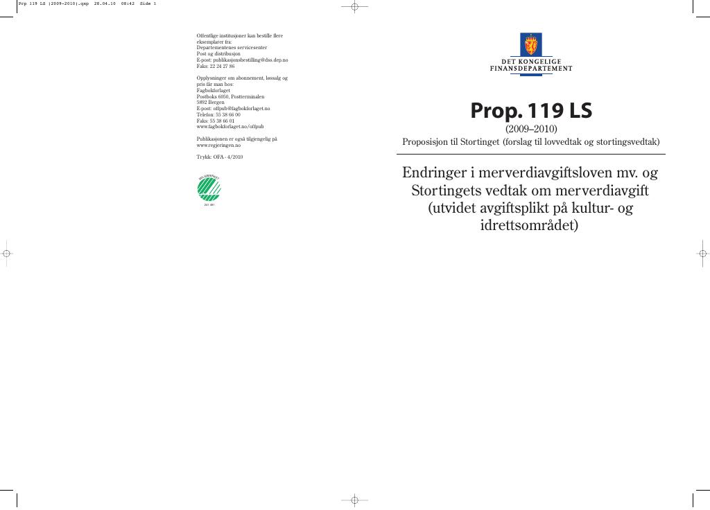 Forsiden av dokumentet Prop. 119 LS (2009-2010)