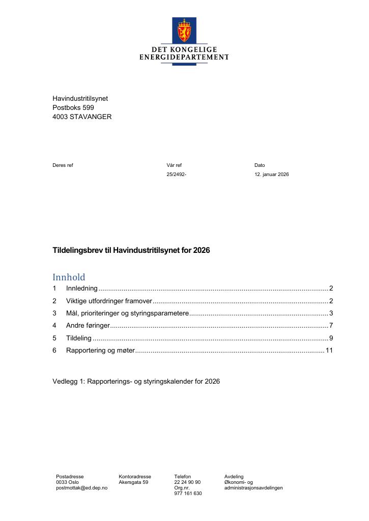 Forsiden av dokumentet Tildelingsbrev Havindustritilsynet 2026