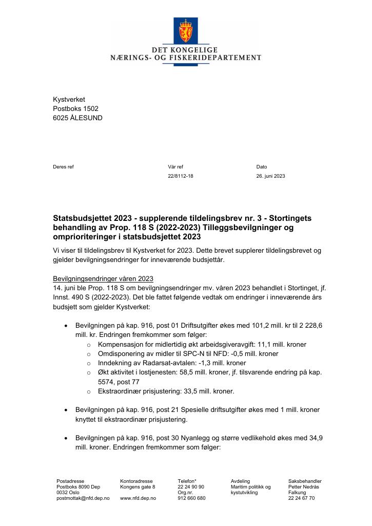 Forsiden av dokumentet Tildelingsbrev Kystverket 2023 - tillegg nr. 3