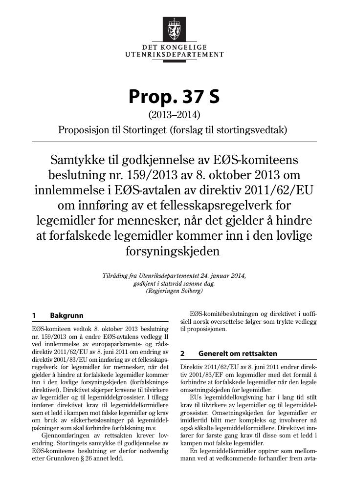 Forsiden av dokumentet Prop. 37 S (2013–2014)