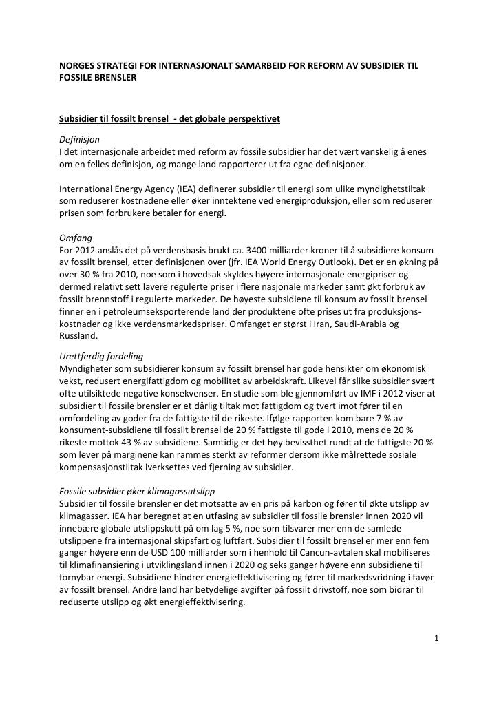 Forsiden av dokumentet Norges strategi for internasjonalt samarbeid for reform av subsidier til fossile brensler