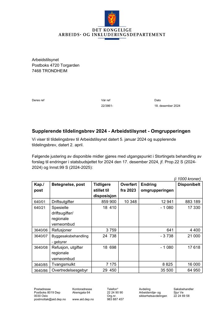 Forsiden av dokumentet Tildelingsbrev Arbeidstilsynet 2024 - tillegg nr. 5