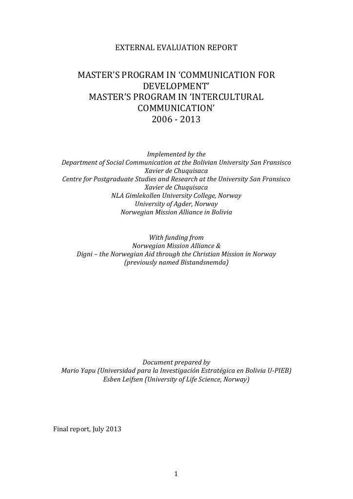 Forsiden av dokumentet External evaluation report. Master’s program in “Communication for Development”, Master’s program “Intercultural Communication” 2006 -2013