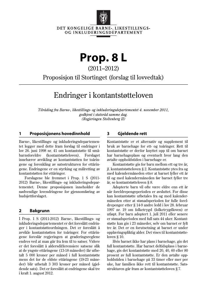 Forsiden av dokumentet Prop. 8 L (2011–2012)