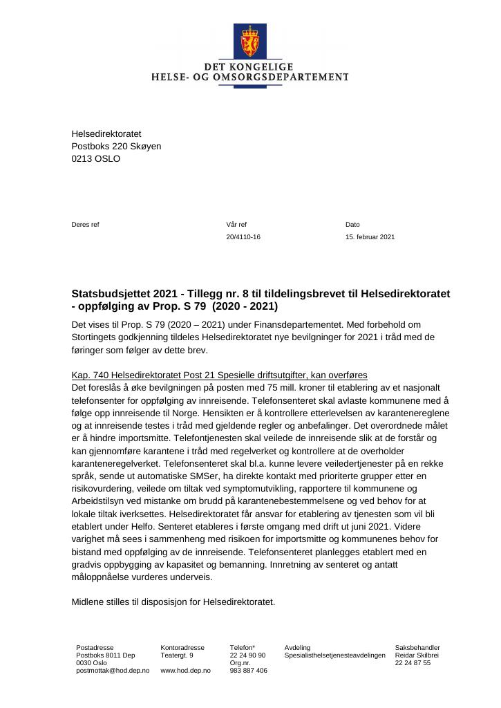 Forsiden av dokumentet Tildelingsbrev Helsedirektoratet 2021 - tillegg nr. 8