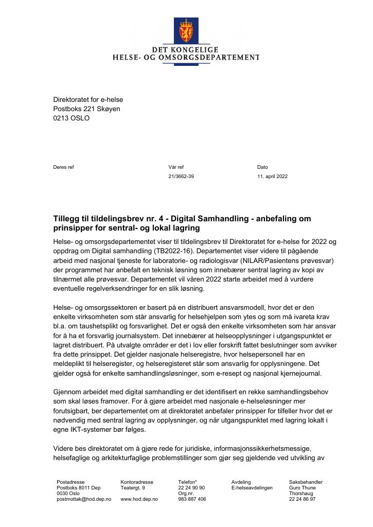 Forsiden av dokumentet Tildelingsbrev Direktoratet for e-helse 2022 - tillegg nr. 4