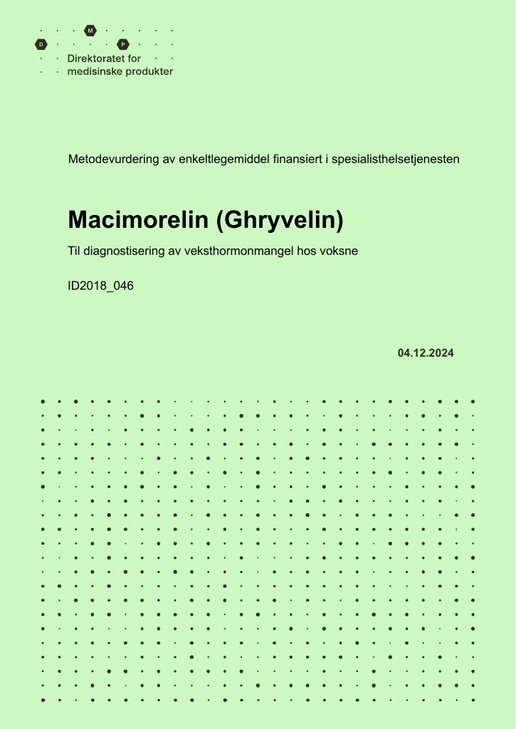 Forsiden av dokumentet Macimorelin (Ghryvelin) til diagnostisering av veksthormonmangel hos voksne