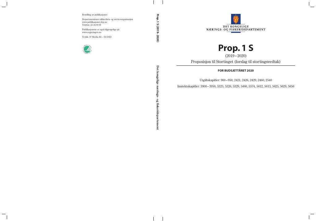 Forsiden av dokumentet Prop. 1 S (2019–2020)