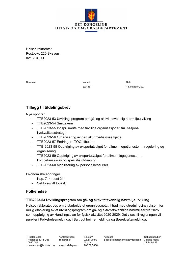 Forsiden av dokumentet Tildelingsbrev Helsedirektoratet 2023 - tillegg