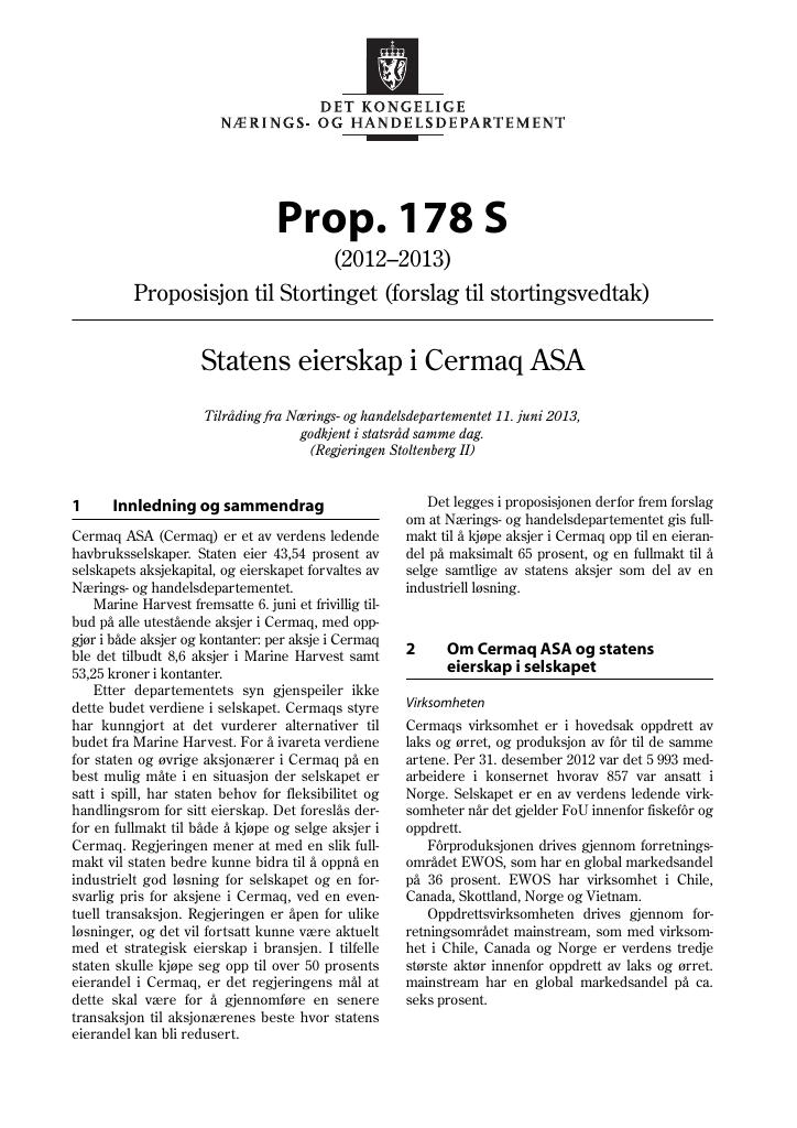 Forsiden av dokumentet Prop. 178 S (2012–2013)