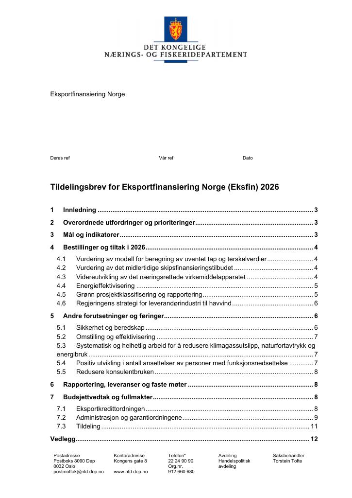 Forsiden av dokumentet Tildelingsbrev Eksportfinansiering Norge (Eksfin) 2026