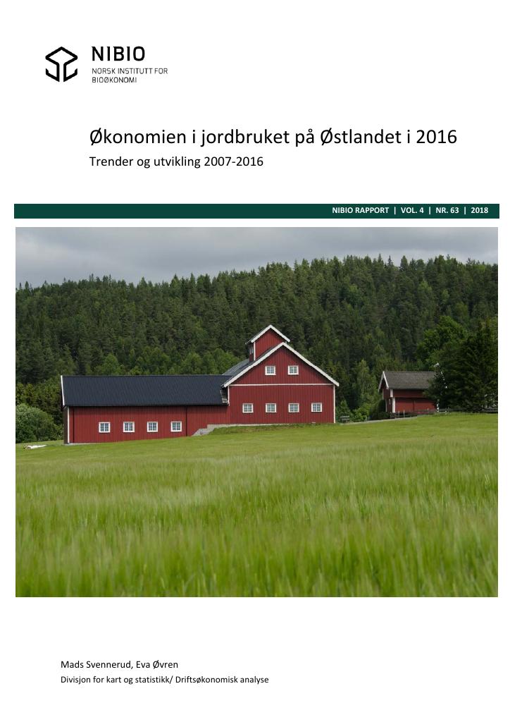 Forsiden av dokumentet Økonomien i jordbruket på Østlandet i 2016