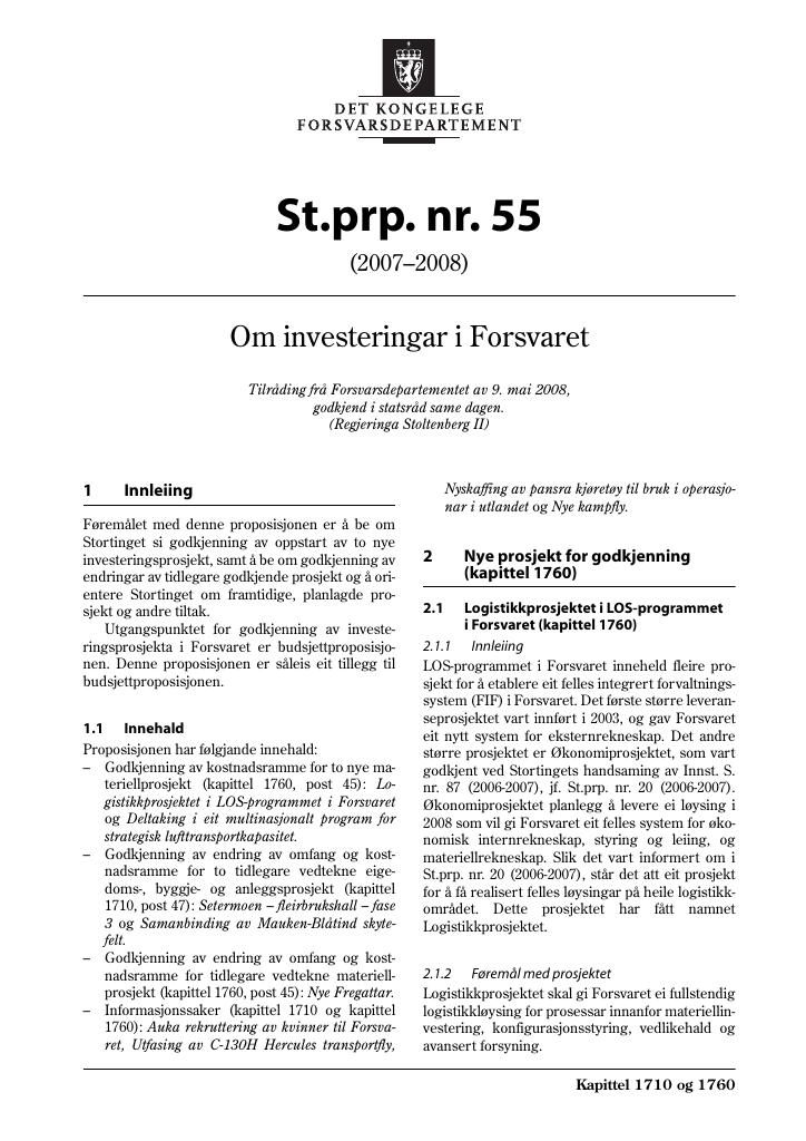 Forsiden av dokumentet St.prp. nr. 55 (2007-2008)