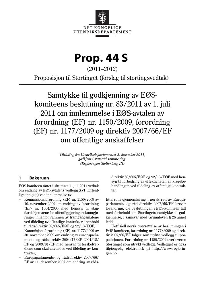 Forsiden av dokumentet Prop. 44 S (2011-2012)