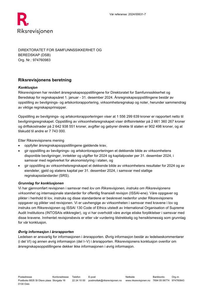 Forsiden av dokumentet Revisjonsberetning Direktoratet for samfunnssikkerhet og beredskap 2024
