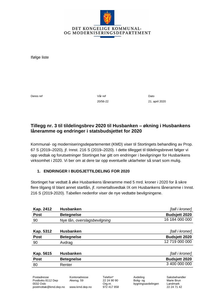Forsiden av dokumentet Tillegg nr 3 til tildelingsbrev Husbanken 2020(pdf)