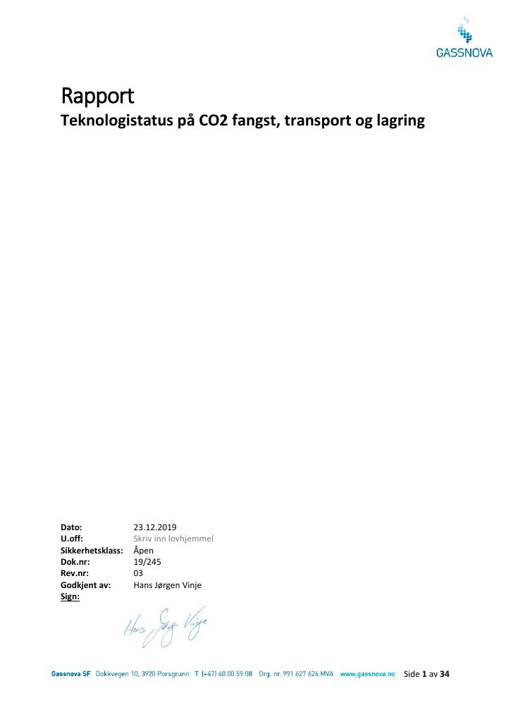 Forsiden av dokumentet Teknologistatus på CO2 fangst, transport og lagring