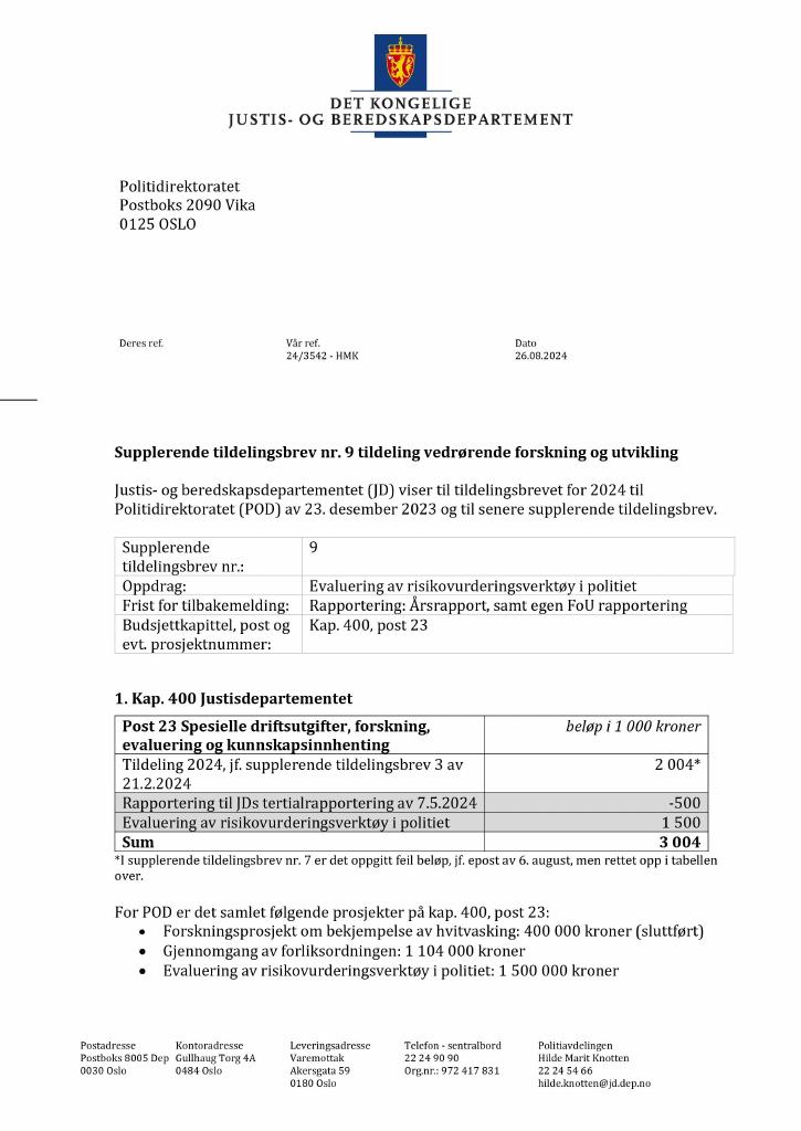 Forsiden av dokumentet Tildelingsbrev Politiet 2024 - tillegg nr. 9