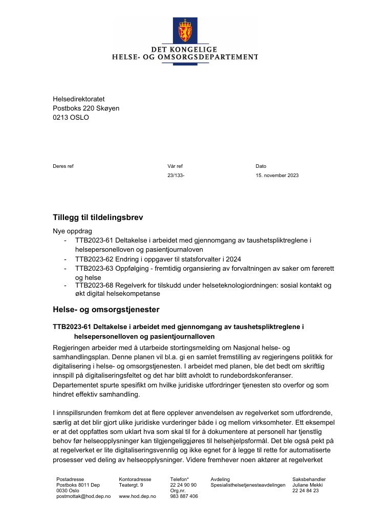 Forsiden av dokumentet Tildelingsbrev Helsedirektoratet 2023 - tillegg nr. 61