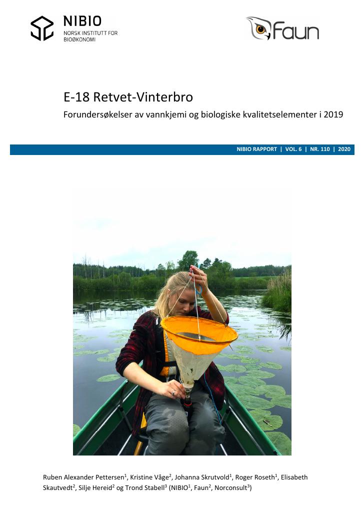 Forsiden av dokumentet E-18 Retvet-Vinterbro. Forundersøkelser av vannkjemi og biologiske kvalitetselementer i 2019