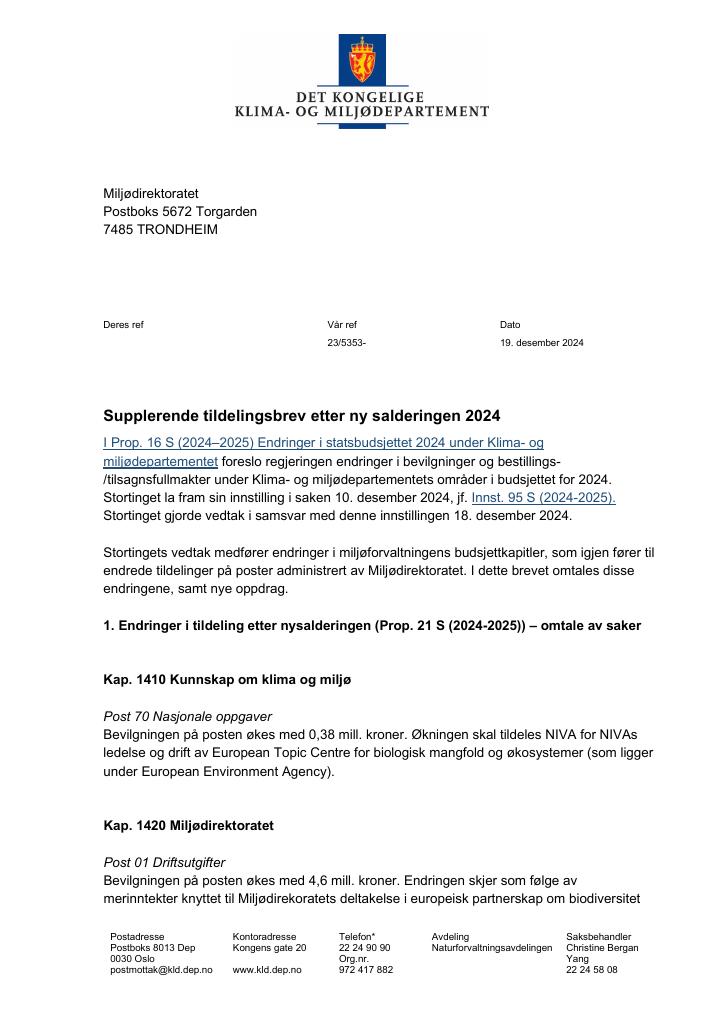 Forsiden av dokumentet Tildelingsbrev Miljødirektoratet 2024 - tillegg nr. 19