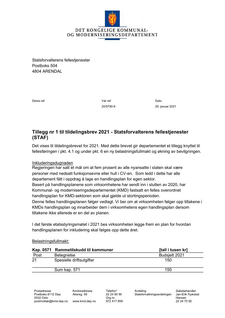 Forsiden av dokumentet Tildelingsbrev Statsforvalterens fellestjenester - tillegg nr. 1