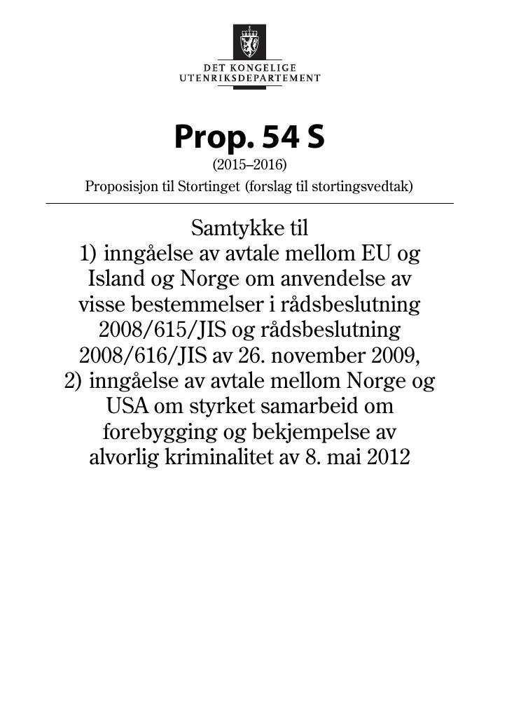 Forsiden av dokumentet Prop. 54 S (2015–2016)