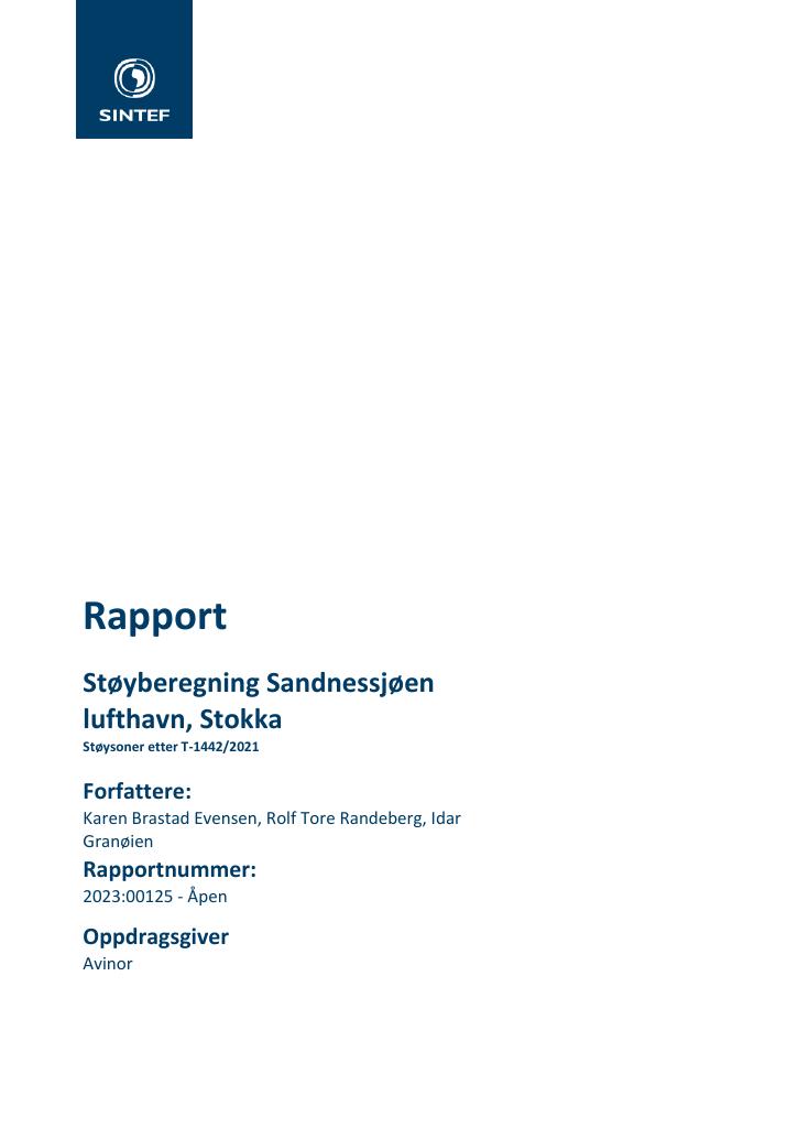 Forsiden av dokumentet Støyberegning Sandnessjøen lufthavn, Stokka : Støysoner etter T-1442/2021
